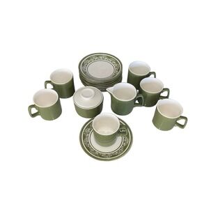 Vintage Retro Olive Green Petite Floral Ironstone Coffee Tea Set W Creamer Sugar